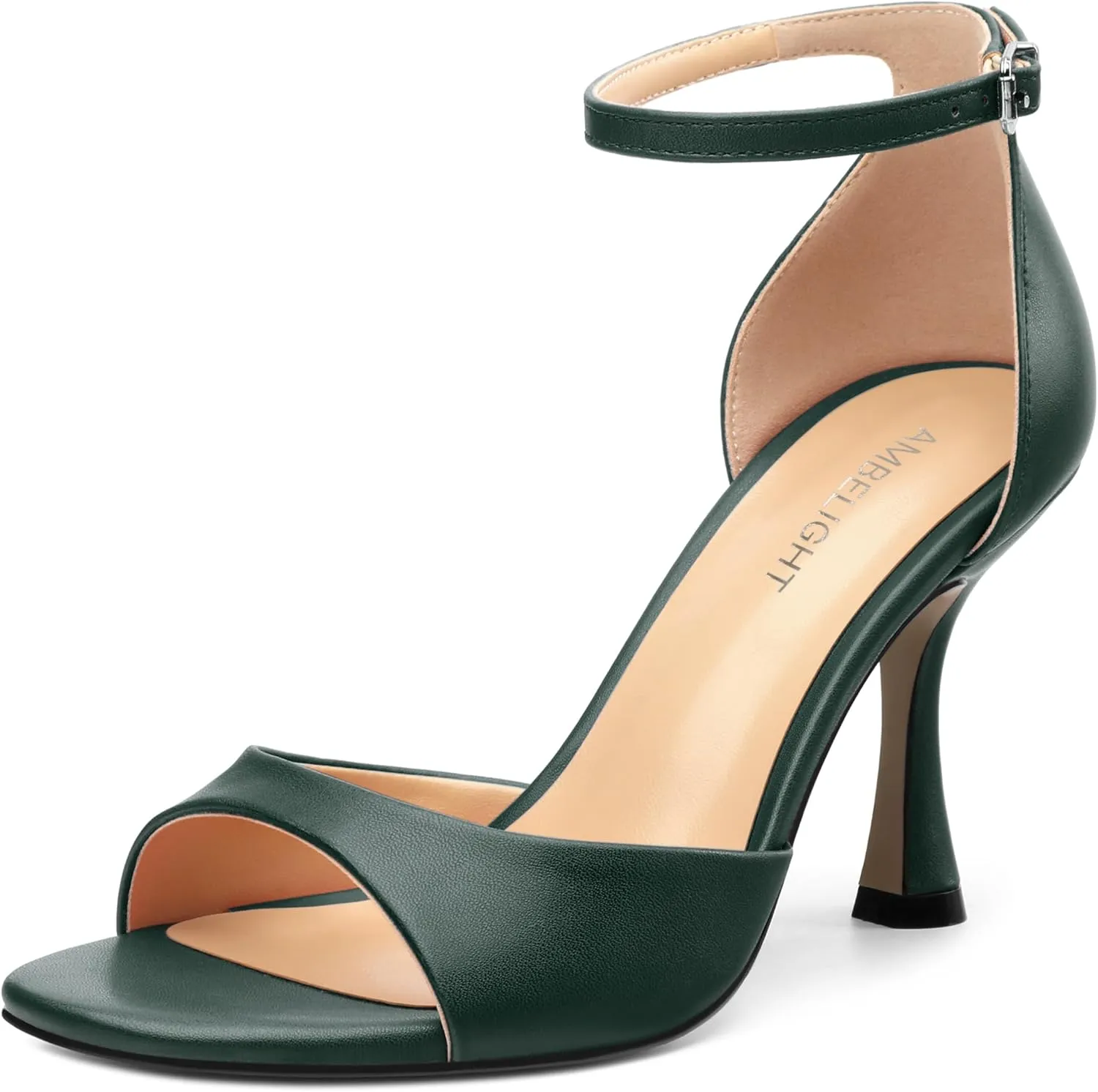 AMBELIGHT Women`s Stiletto High Round Open Toe Pumps Ankle Strap Buckle Peep Kitten Heels Sexy Dressy Sandals Wedding Evening Party Summer Shoes For Women 3.5 Inch