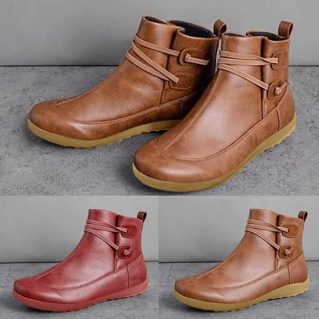 Ankle Boots for Women No Heel,2019 New Arch Support Boots Side Zipper Vintage Leather Damping Shoes Flat Heel Booties