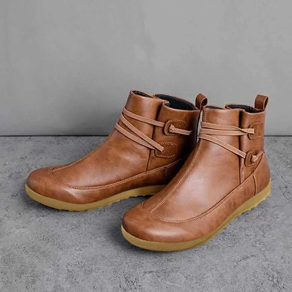Ankle Boots for Women No Heel,2019 New Arch Support Boots Side Zipper Vintage Leather Damping Shoes Flat Heel Booties
