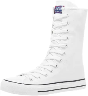 ANUFER Womens Girls Fashion Mid-Calf Canvas Boots Casual High Top Lace Up Canvas Sneakers