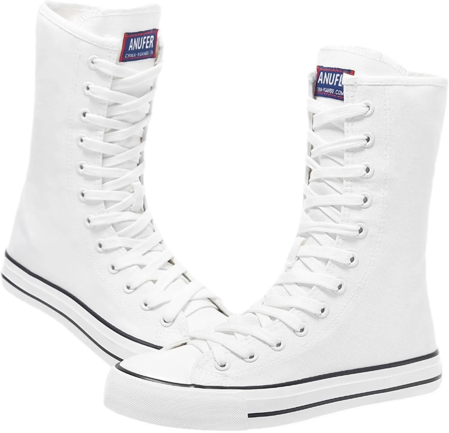 ANUFER Womens Girls Fashion Mid-Calf Canvas Boots Casual High Top Lace Up Canvas Sneakers