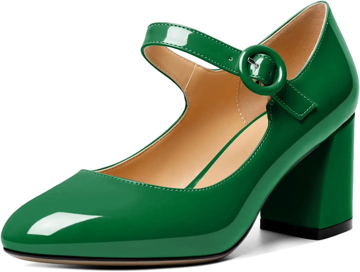 AUMOTED Women's Mary Jane Block Chunky Heels Pumps Close Round Toe Patent Heels Pumps 2.5 Inch Ladies Work Office Dress Shoes