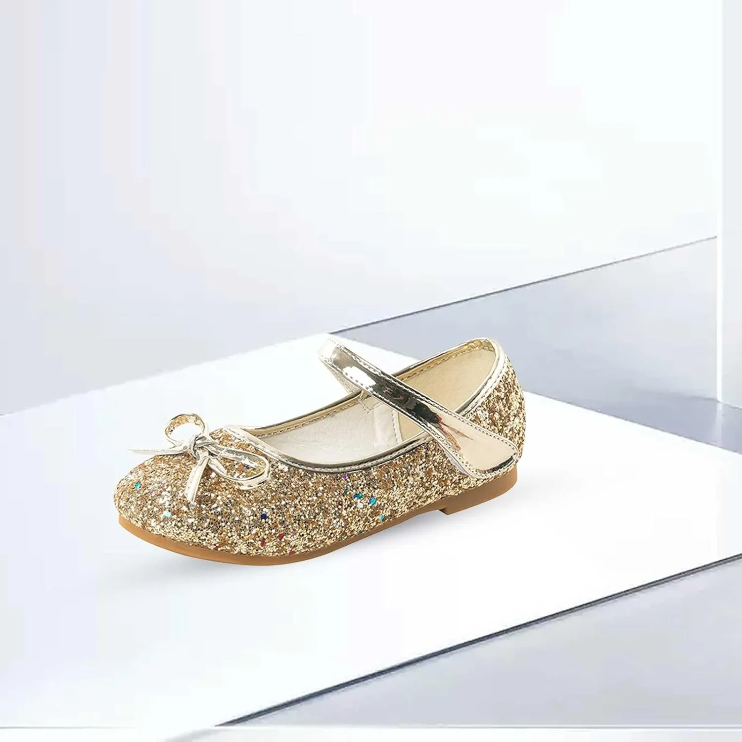 Baby Girls Glitter Bow Dress Dance Shoes Sandals 𝗟ow Heels Rubber Soft Sole Non Slip Princess Shoes Pearl Sequins Loafers