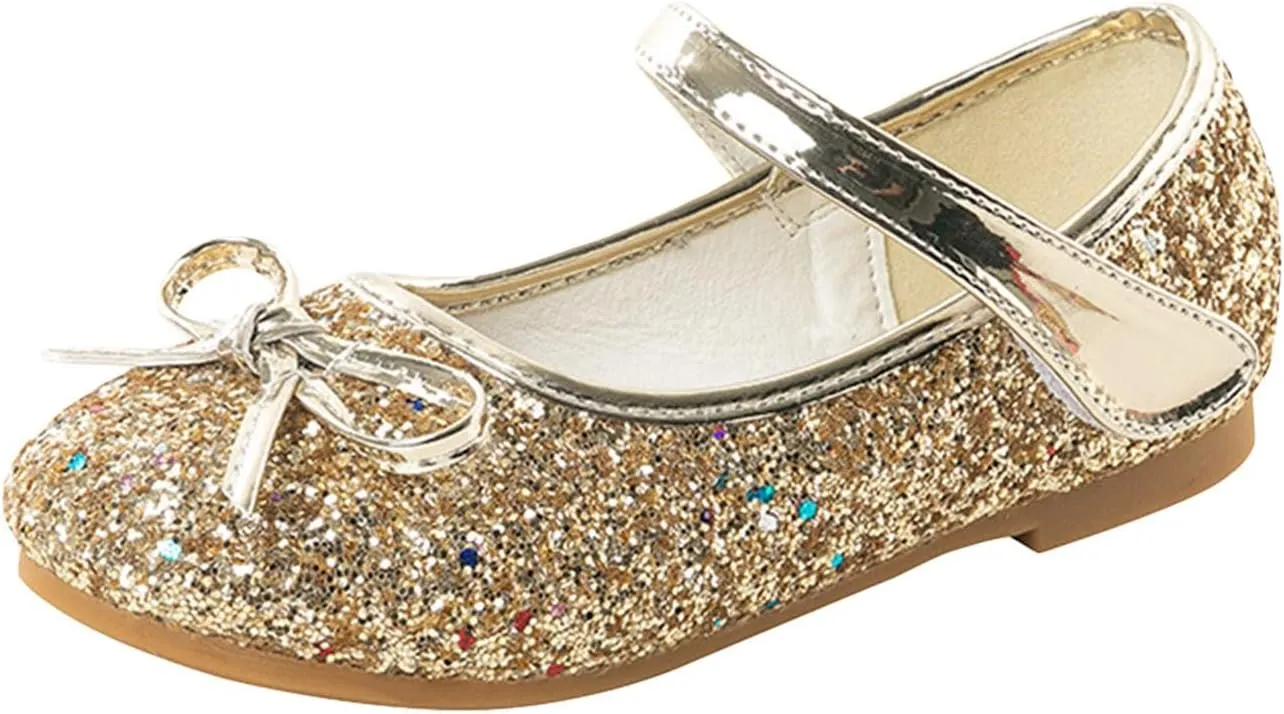 Baby Girls Glitter Bow Dress Dance Shoes Sandals 𝗟ow Heels Rubber Soft Sole Non Slip Princess Shoes Pearl Sequins Loafers