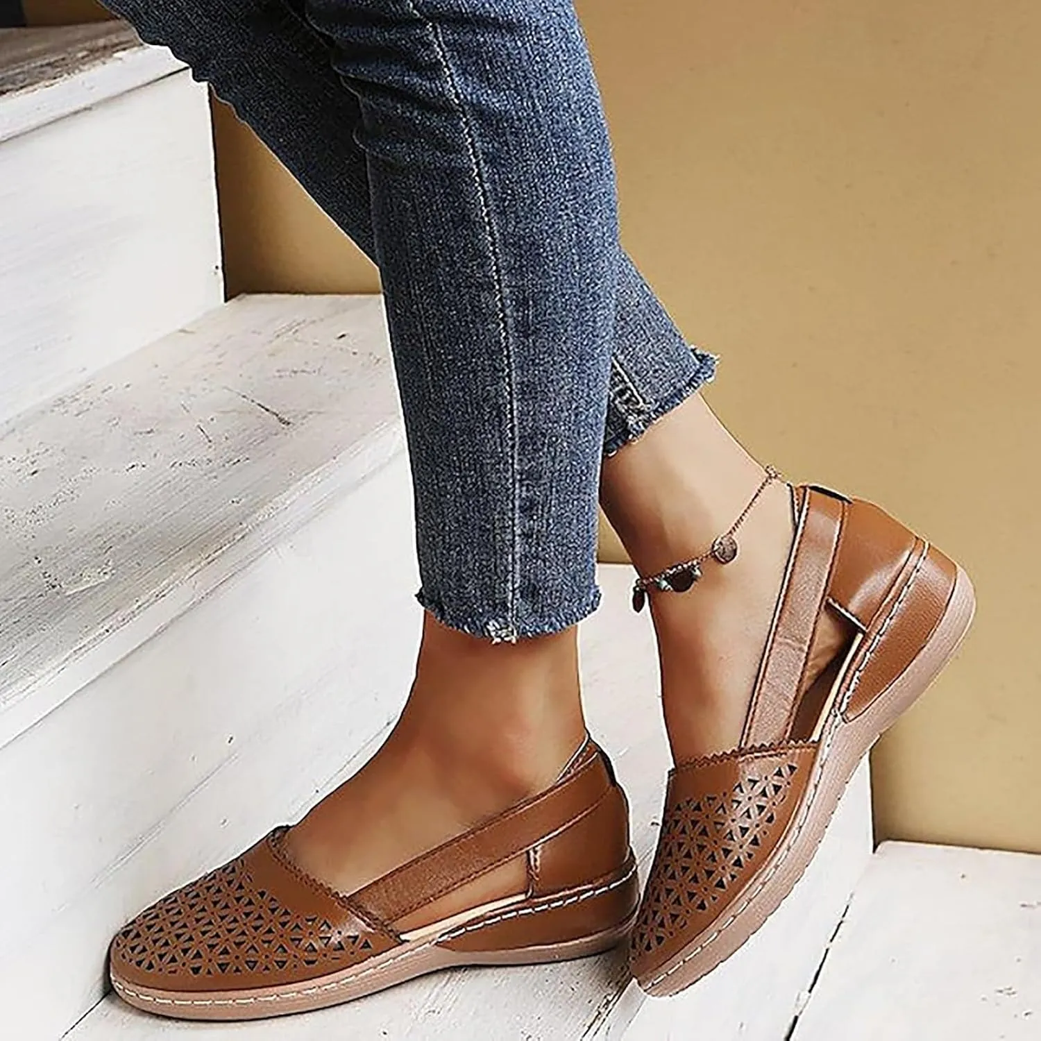 Closed Toe Sandals Women Dressy Heel 2025 Orthopedic Loafers in Breathable soft sole Comfort Hollow Flats Summer Casual Slip On Shoes