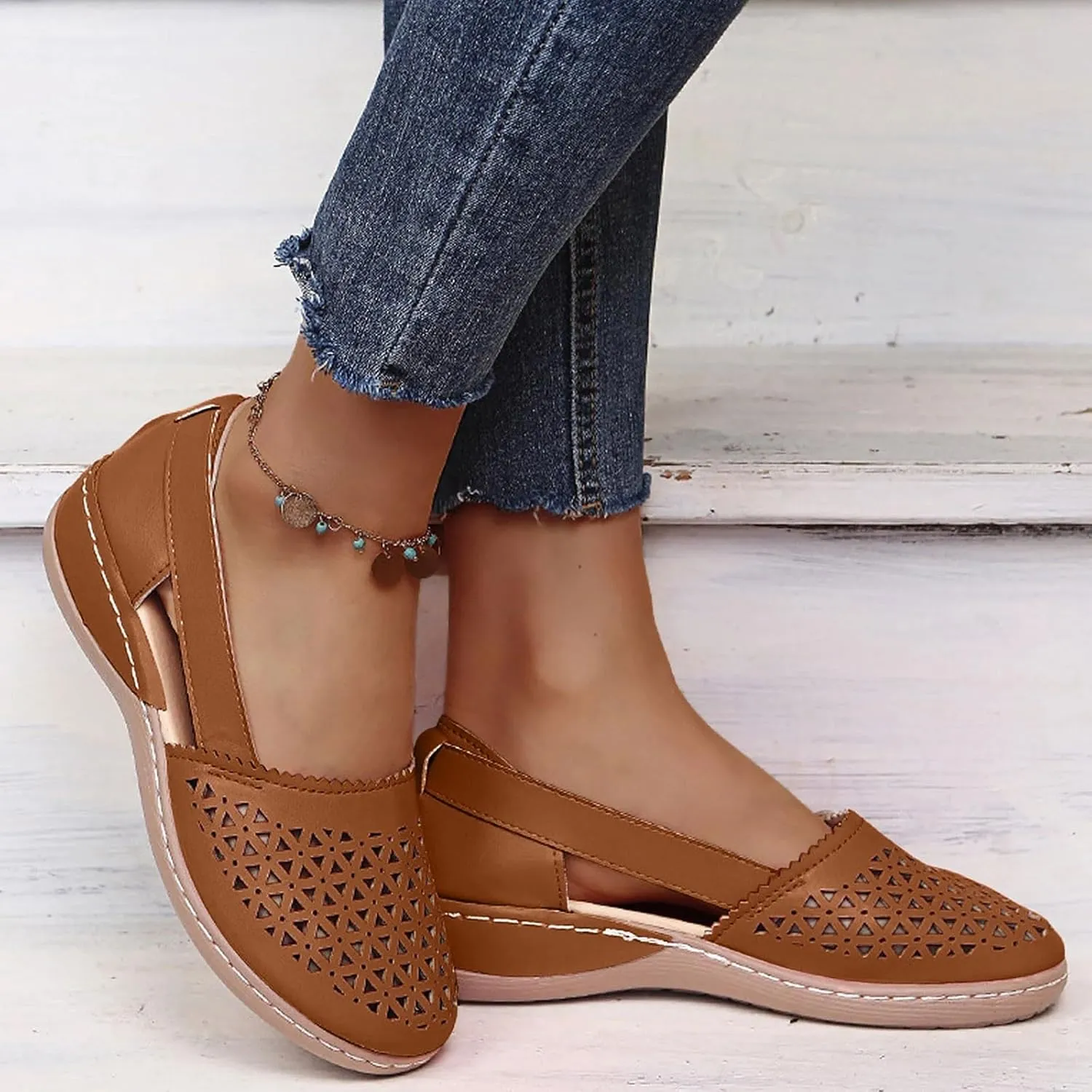 Closed Toe Sandals Women Dressy Heel 2025 Orthopedic Loafers in Breathable soft sole Comfort Hollow Flats Summer Casual Slip On Shoes