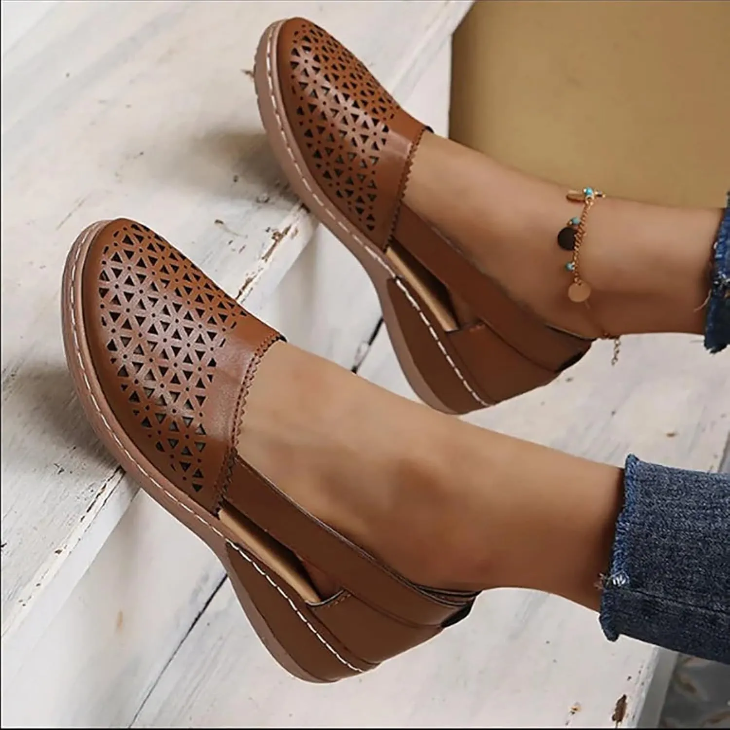 Closed Toe Sandals Women Dressy Heel 2025 Orthopedic Loafers in Breathable soft sole Comfort Hollow Flats Summer Casual Slip On Shoes