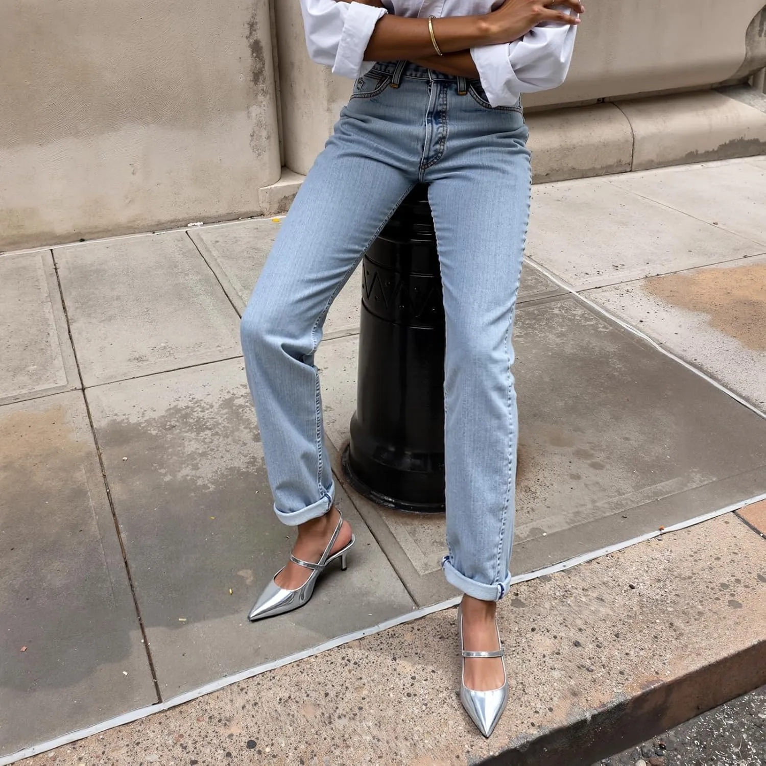 DREAMCIA Metallic Silver Slingback Heels for Women,Women's Slingback Kitten Heel with Pointed Toe Heels Buckle Strap Pumps