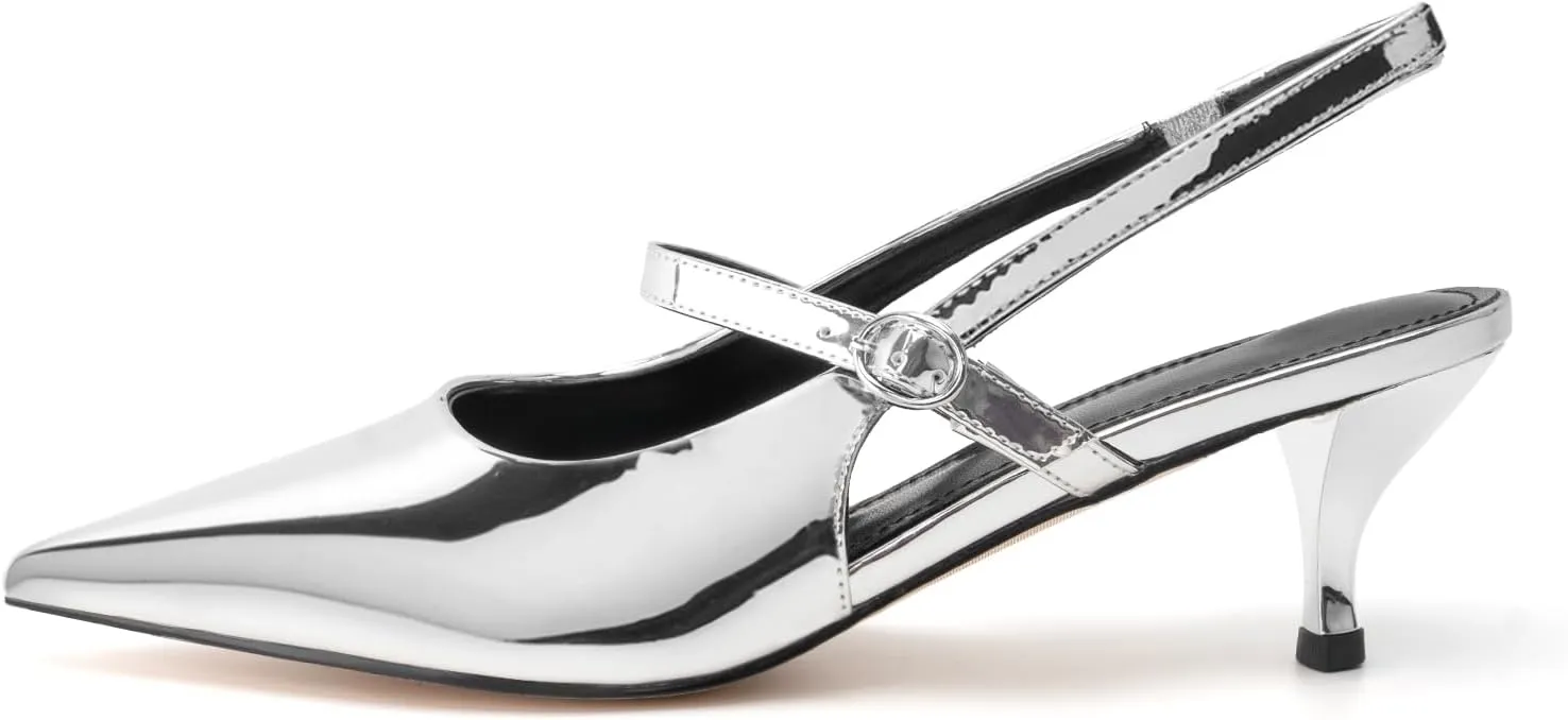 DREAMCIA Metallic Silver Slingback Heels for Women,Women's Slingback Kitten Heel with Pointed Toe Heels Buckle Strap Pumps