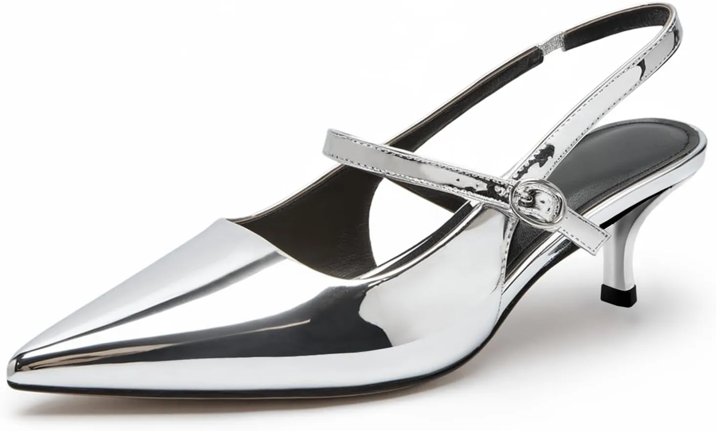 DREAMCIA Metallic Silver Slingback Heels for Women,Women's Slingback Kitten Heel with Pointed Toe Heels Buckle Strap Pumps