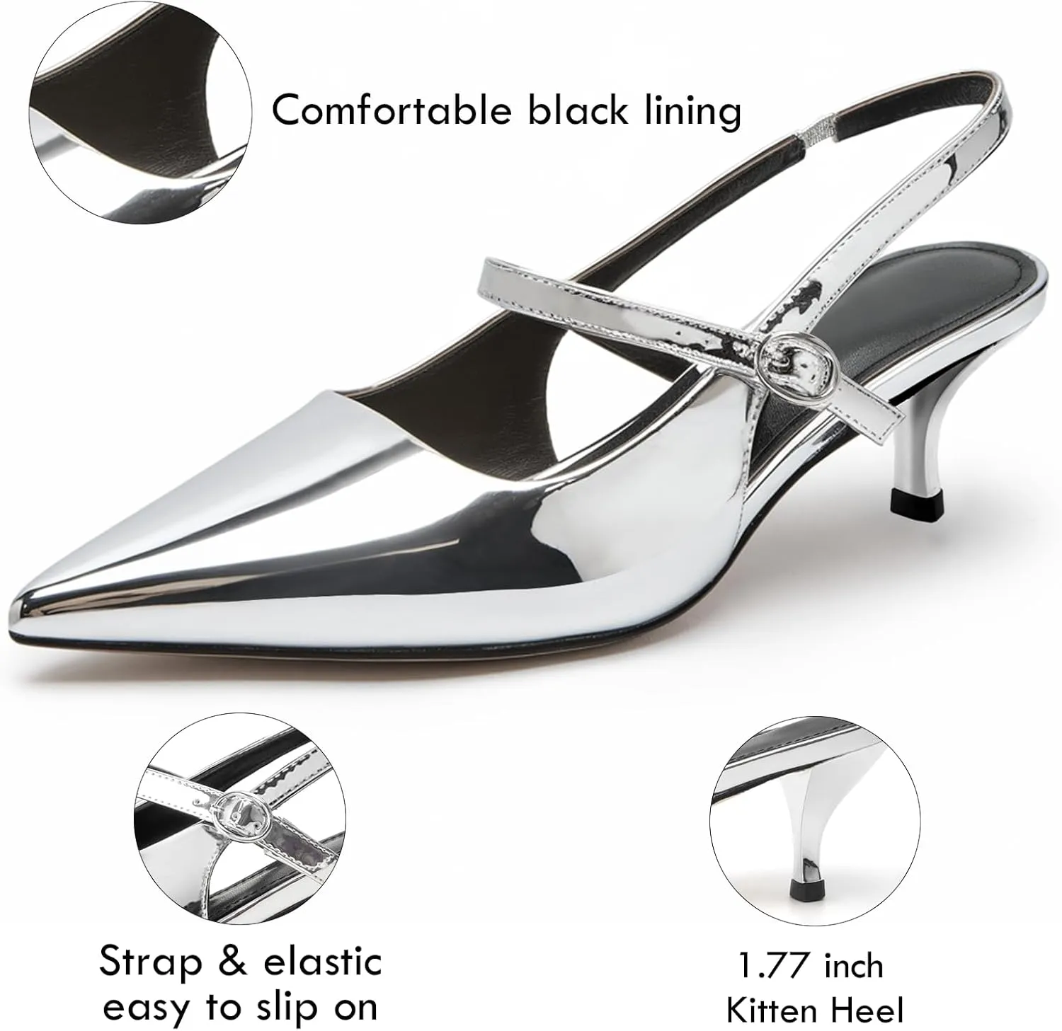 DREAMCIA Metallic Silver Slingback Heels for Women,Women's Slingback Kitten Heel with Pointed Toe Heels Buckle Strap Pumps