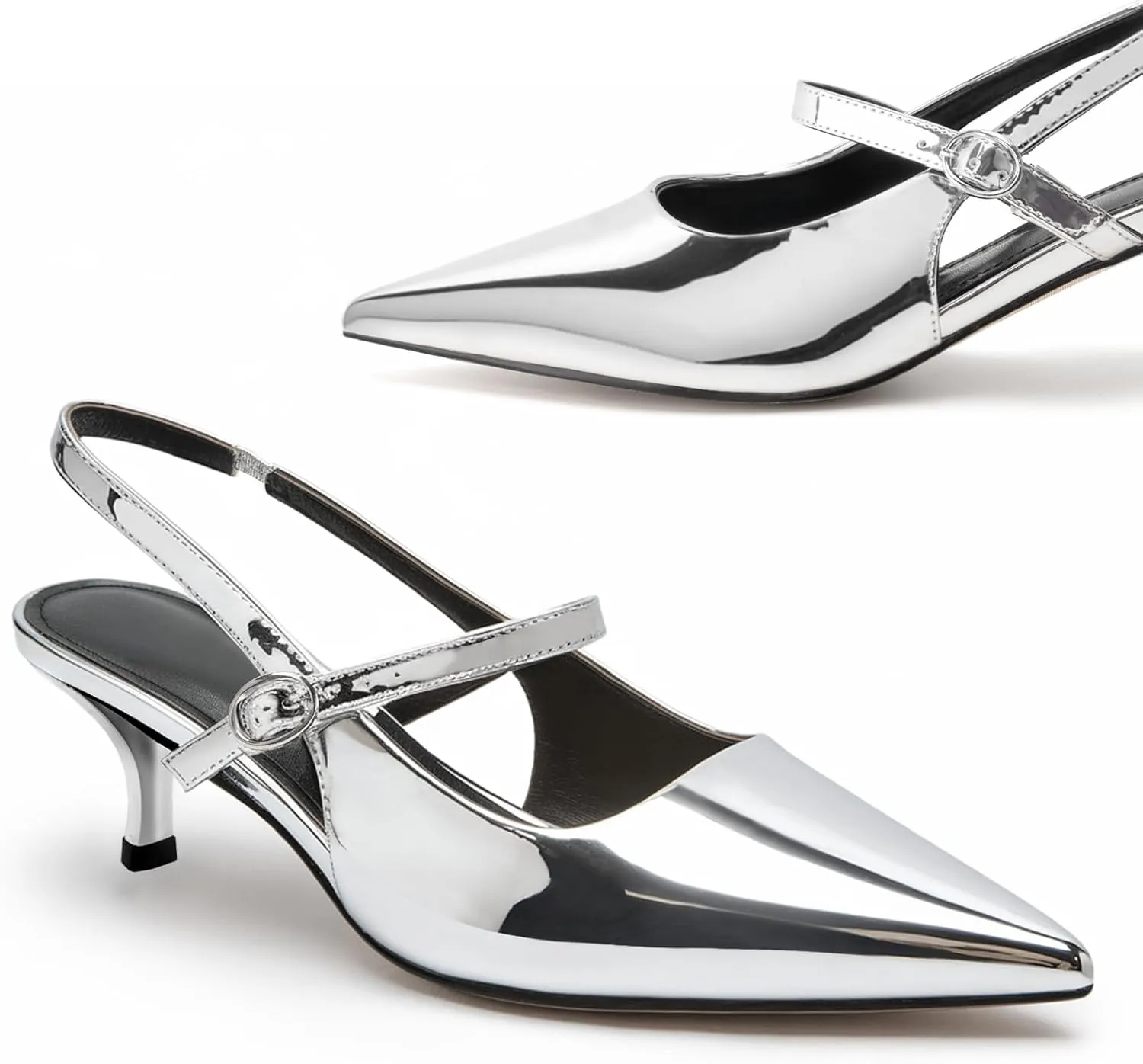 DREAMCIA Metallic Silver Slingback Heels for Women,Women's Slingback Kitten Heel with Pointed Toe Heels Buckle Strap Pumps