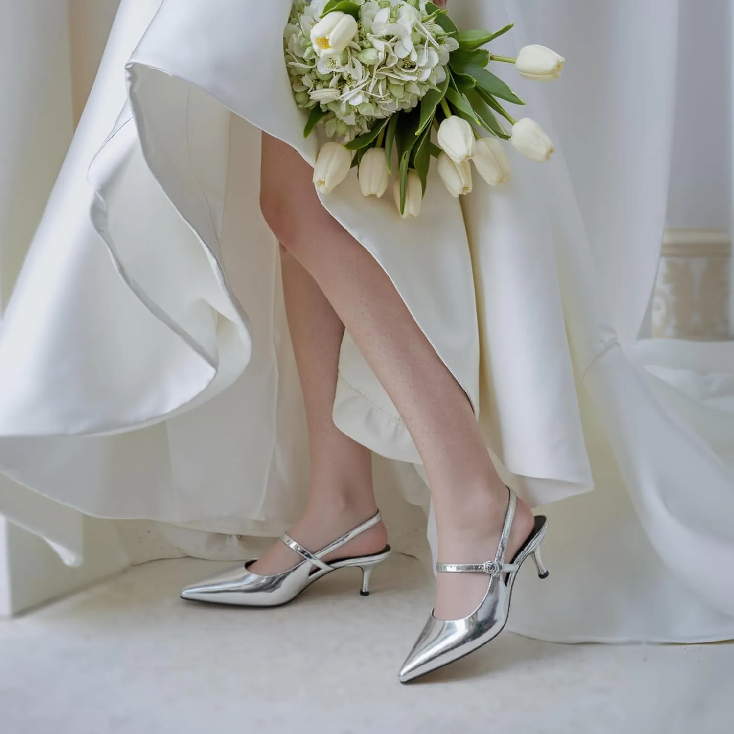 DREAMCIA Metallic Silver Slingback Heels for Women,Women's Slingback Kitten Heel with Pointed Toe Heels Buckle Strap Pumps