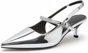 DREAMCIA Metallic Silver Slingback Heels for Women,Women's Slingback Kitten Heel with Pointed Toe Heels Buckle Strap Pumps