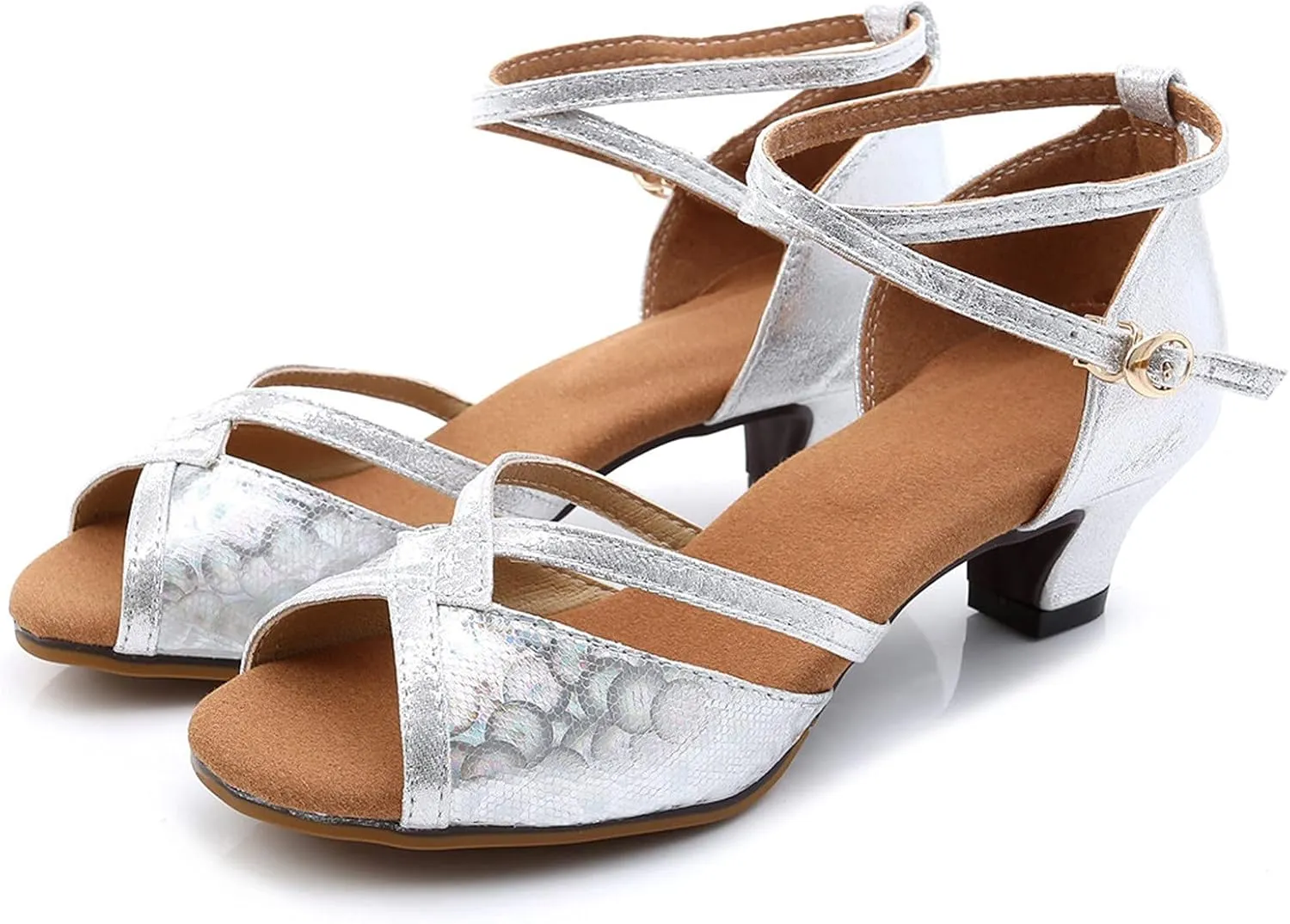 Dress Sandals Shoes for Women Leather Open Toe High Heels Ladies Gold Silver Glittering with Ankle Strap