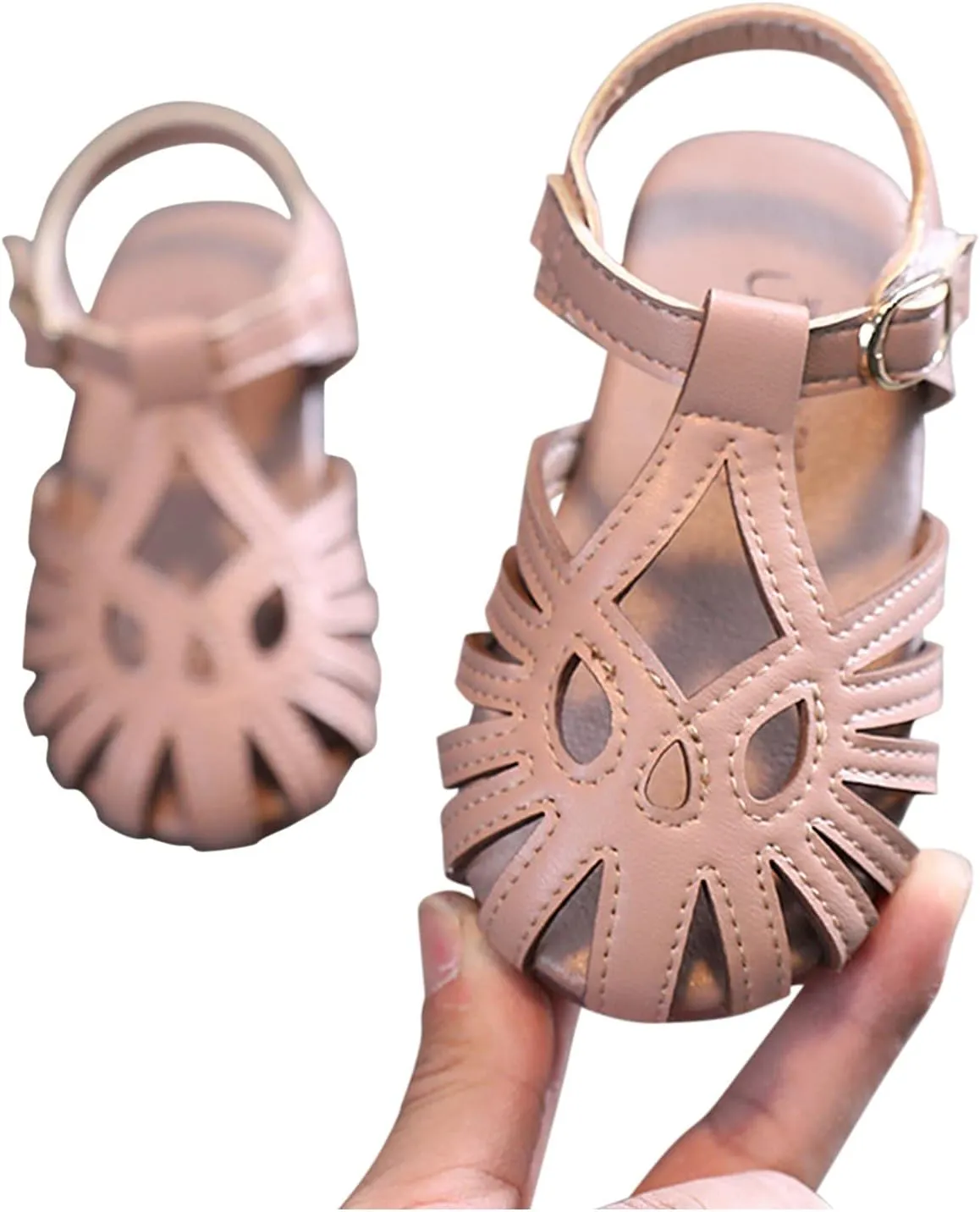 EnJoCho Girls Sandals,Girls Summer Shoes Fashion Solid Color Soft Sole Toe Cap Hollow Sandals Cute Closed Toe Flats