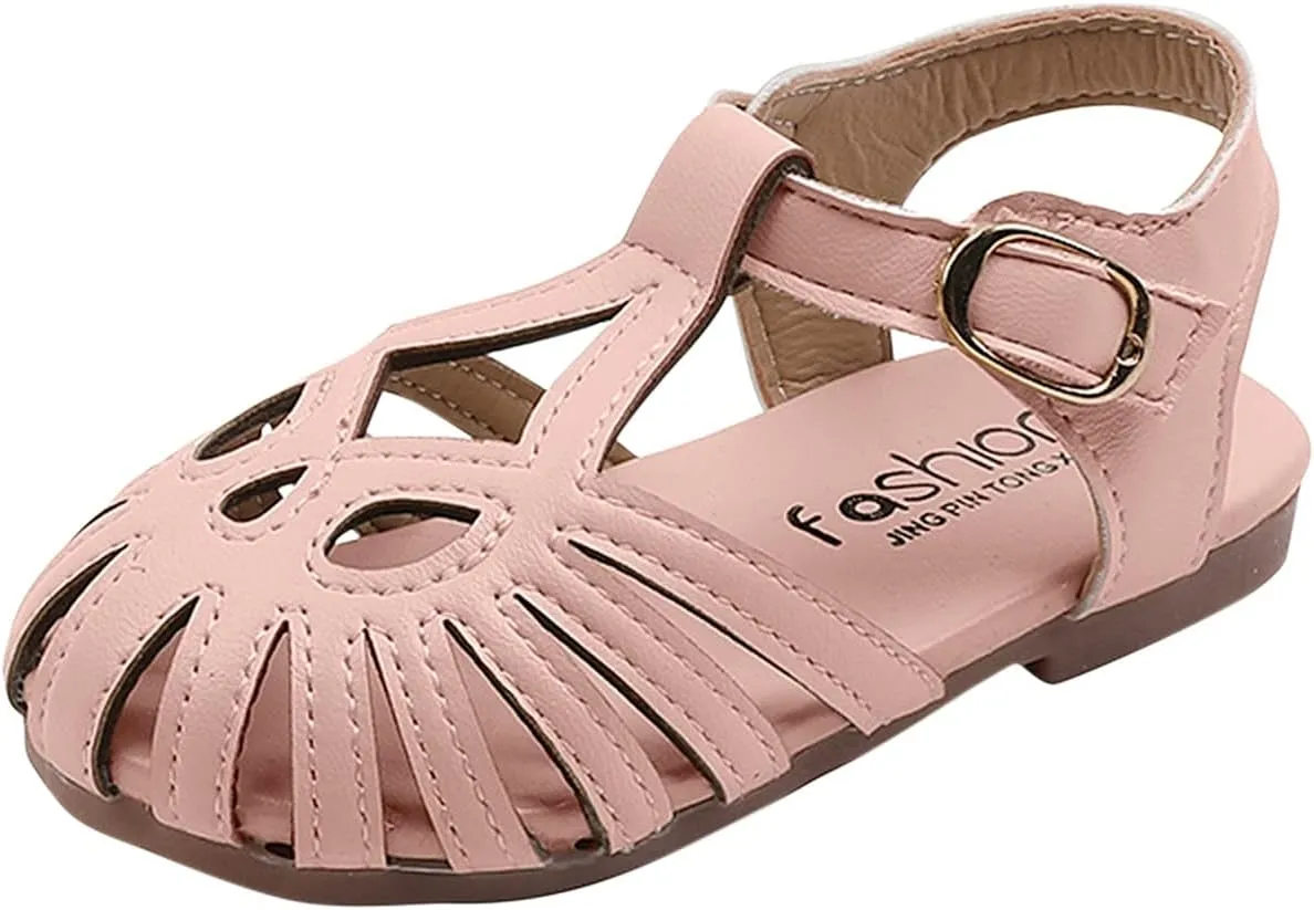 EnJoCho Girls Sandals,Girls Summer Shoes Fashion Solid Color Soft Sole Toe Cap Hollow Sandals Cute Closed Toe Flats