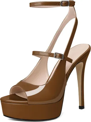 Esvowido Women's Peep Toe High Heels Platform Stilettos Ankle Strap Heeled Sandals Strappy Dress Shoes 5 Inch Wedding Party Dress Shoes