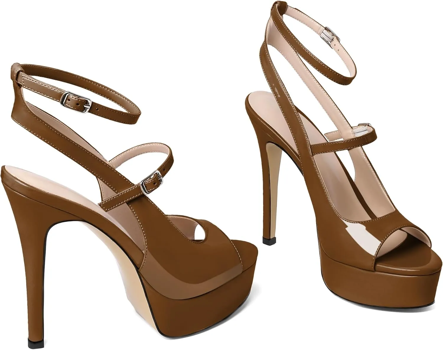 Esvowido Women's Peep Toe High Heels Platform Stilettos Ankle Strap Heeled Sandals Strappy Dress Shoes 5 Inch Wedding Party Dress Shoes