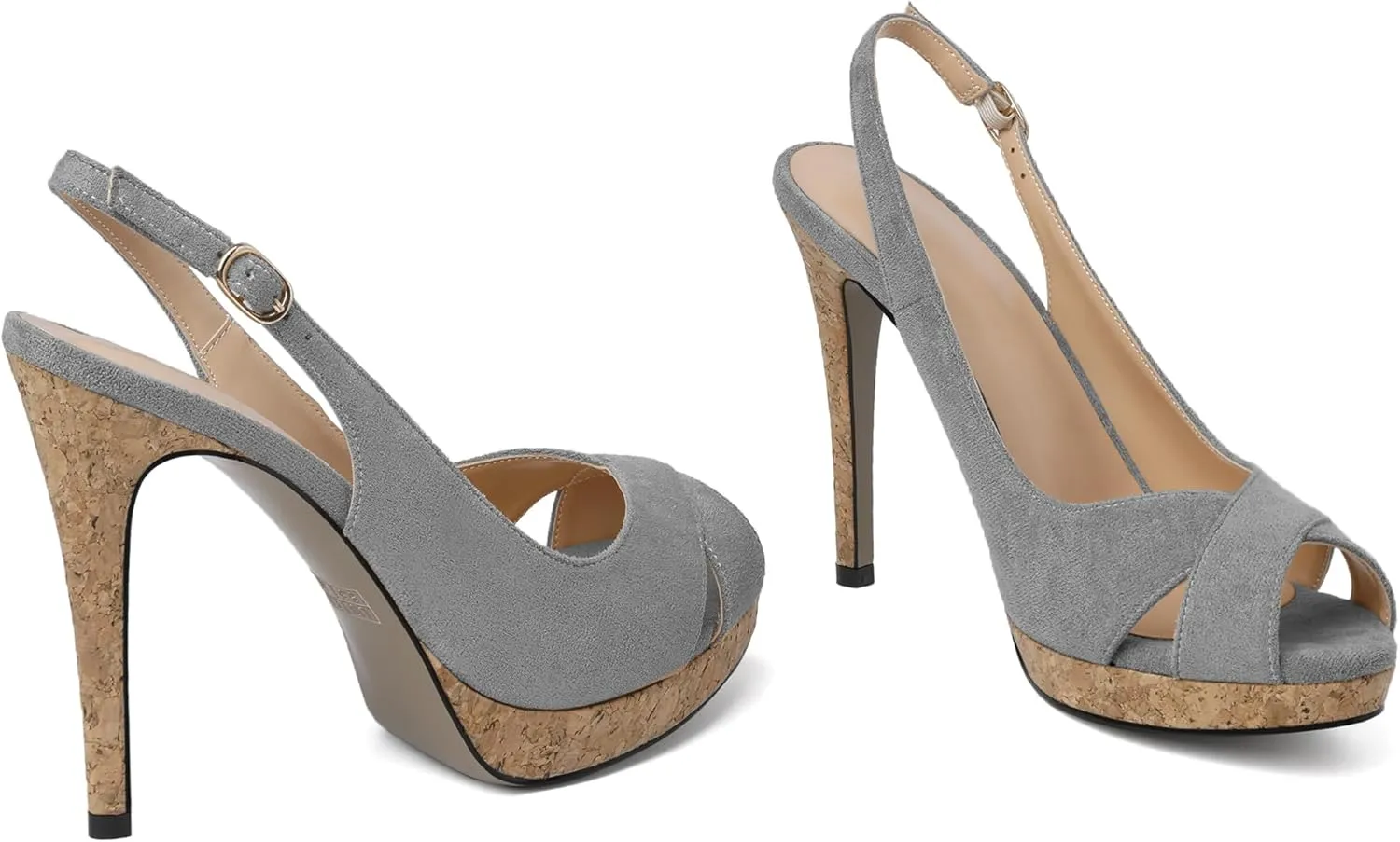 Esvowido Women's Peep Toe High Heels Slingback Cork Heel Platform Stilettos Heeled Sandals Wedding Party Dress Shoes