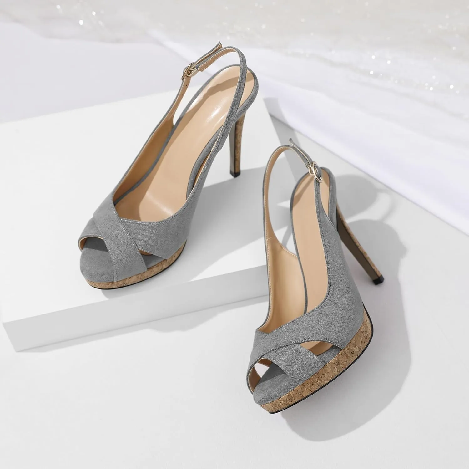 Esvowido Women's Peep Toe High Heels Slingback Cork Heel Platform Stilettos Heeled Sandals Wedding Party Dress Shoes