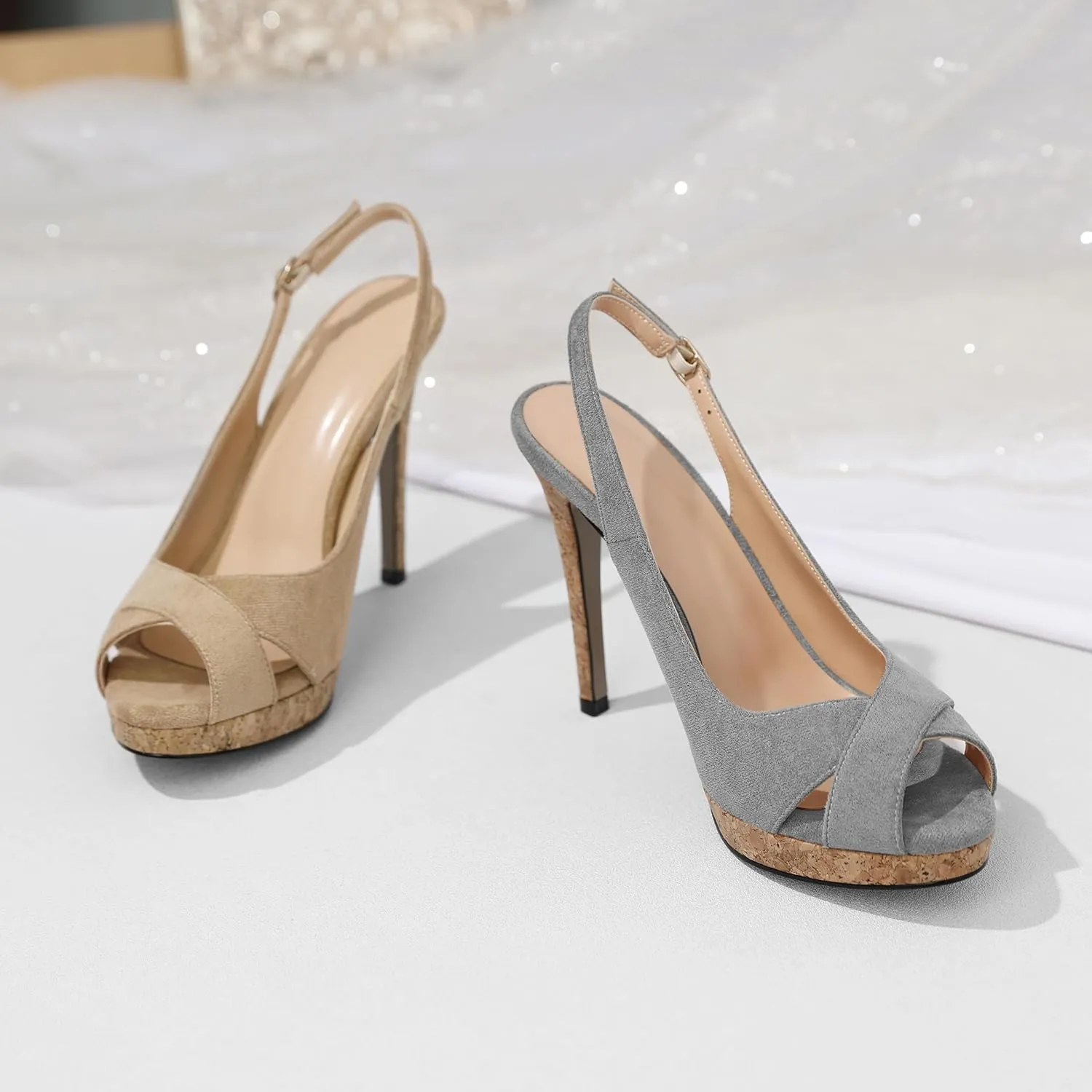 Esvowido Women's Peep Toe High Heels Slingback Cork Heel Platform Stilettos Heeled Sandals Wedding Party Dress Shoes