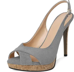 Esvowido Women's Peep Toe High Heels Slingback Cork Heel Platform Stilettos Heeled Sandals Wedding Party Dress Shoes