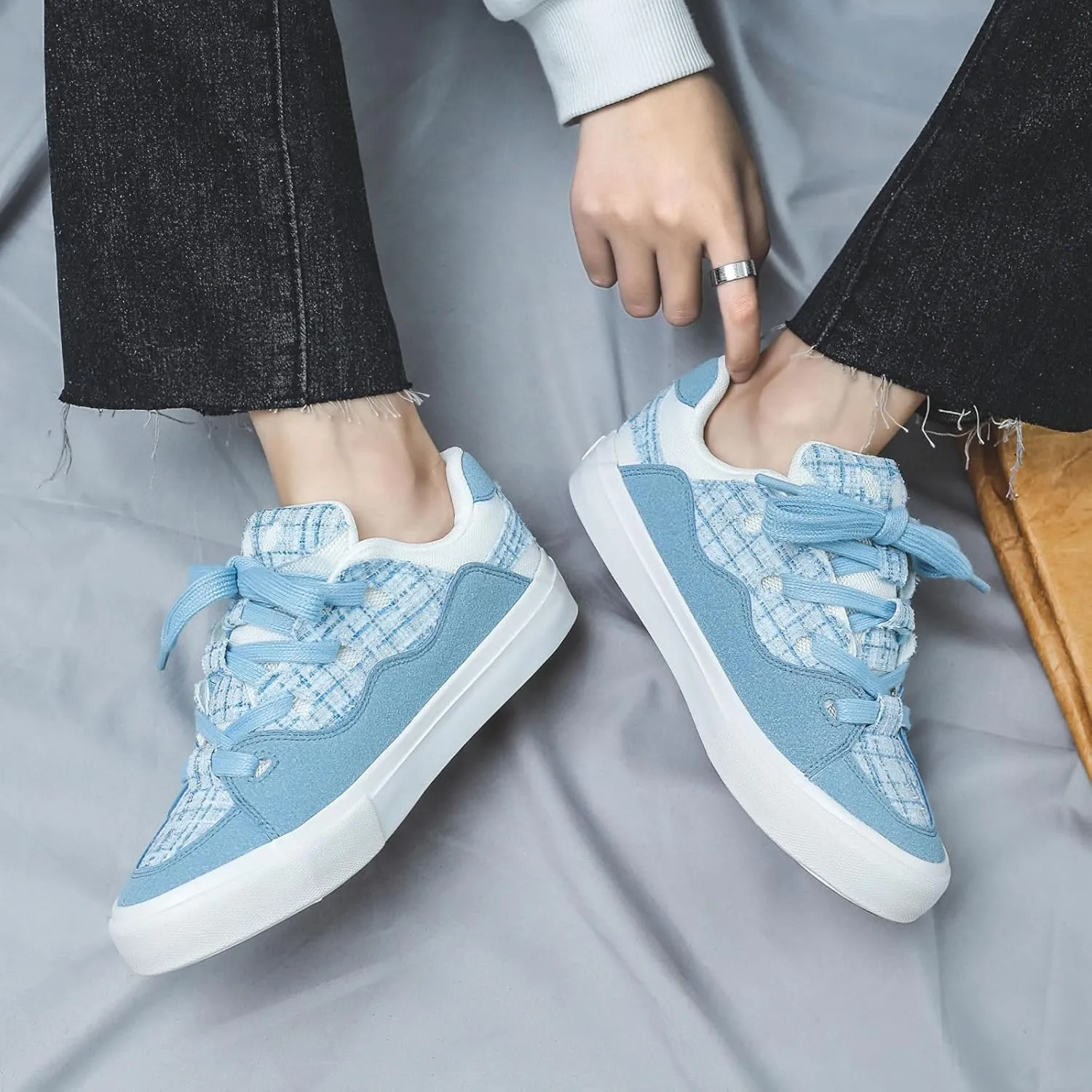 Exusiai Mens Low Top Blue Canvas Shoes Flat Fashion Breathable Casual Walking Sneakers School Versatile All-Season Style