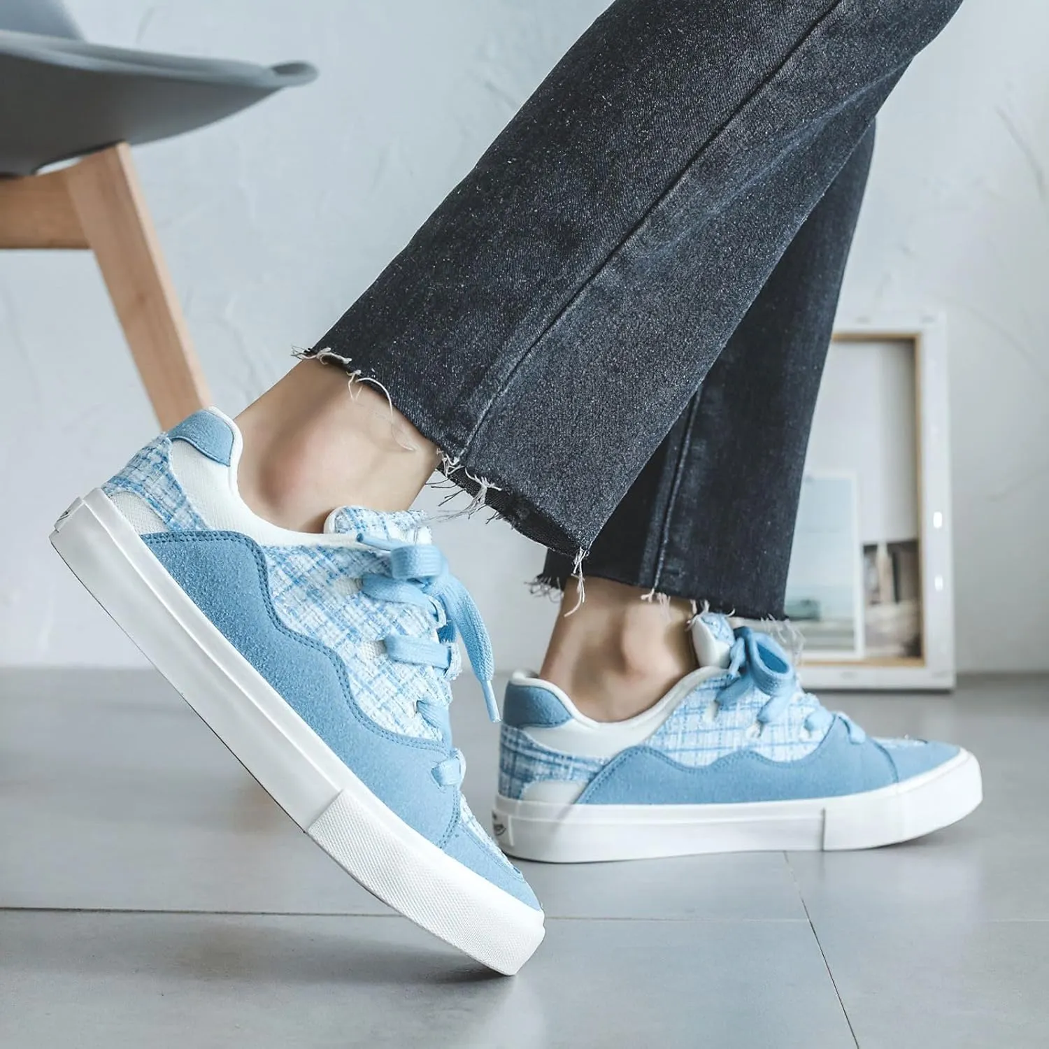Exusiai Mens Low Top Blue Canvas Shoes Flat Fashion Breathable Casual Walking Sneakers School Versatile All-Season Style