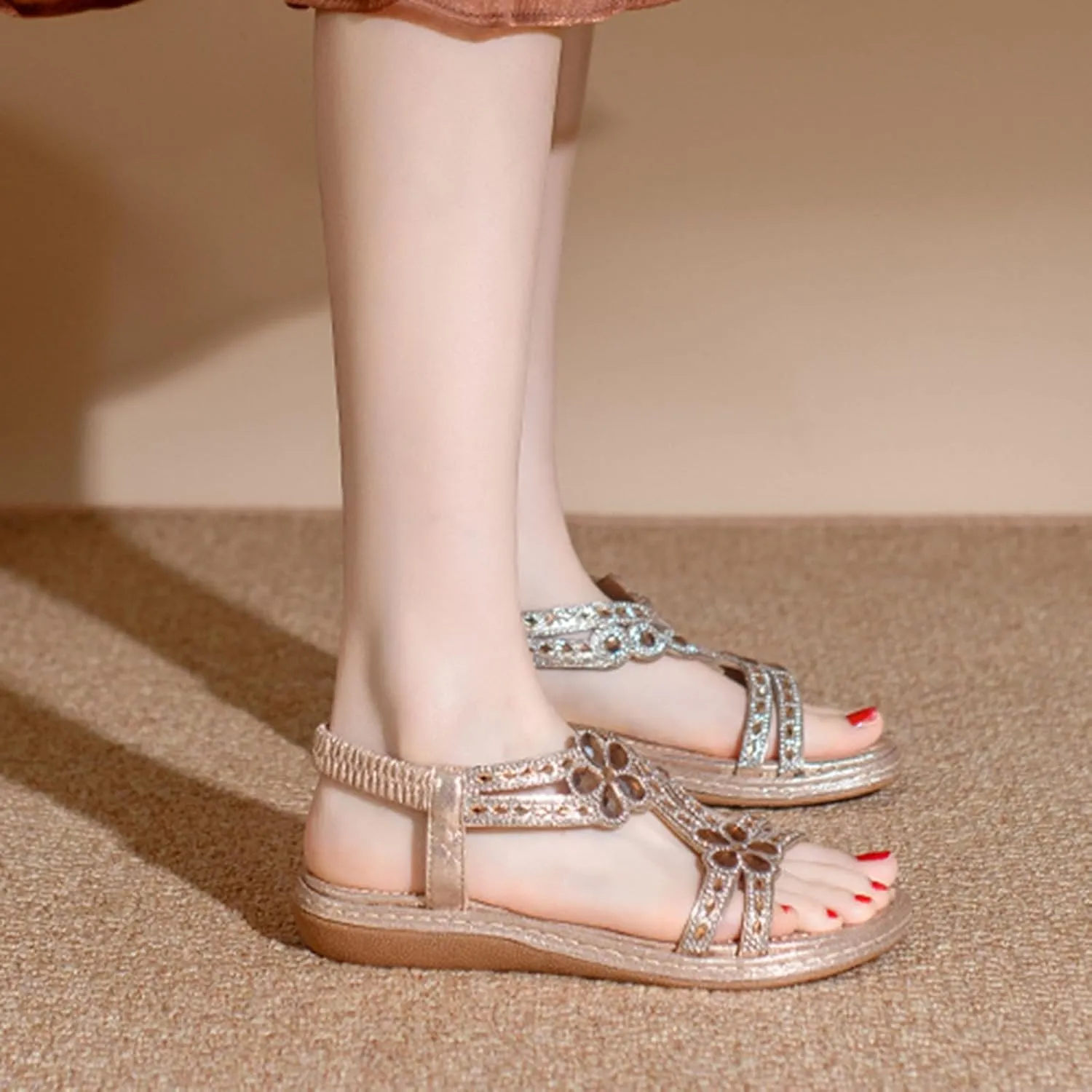 Flat Sandals for Women Dressy Bohemia Rhinestone Slip-on Open Toe Strappy Slides Vacation Non Slip on Summer Shoes Ladies Vintage Beach Boho Sandals