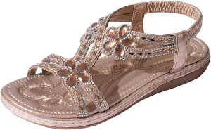 Flat Sandals for Women Dressy Bohemia Rhinestone Slip-on Open Toe Strappy Slides Vacation Non Slip on Summer Shoes Ladies Vintage Beach Boho Sandals