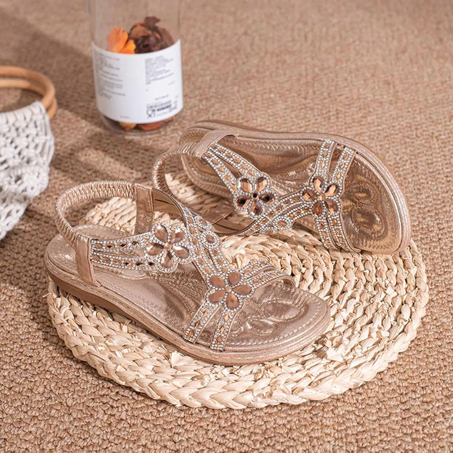 Flat Sandals for Women Dressy Bohemia Rhinestone Slip-on Open Toe Strappy Slides Vacation Non Slip on Summer Shoes Ladies Vintage Beach Boho Sandals