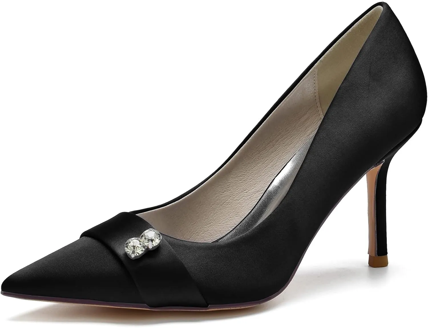 FufoneUS Women's Bridal Shoes Closed Toe 3.35" Stiletto Heel Lace Satin Pumps Evening Wedding Heels,Black,9
