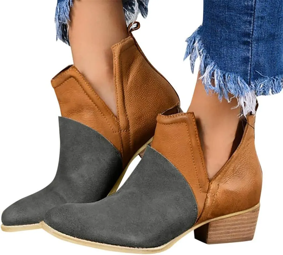Gibobby Ankle Booties for Women V Cut,Chelsea Boots Slip on Ankle Boots Chunky Pointed Toe Cutout Low Heel Shoes