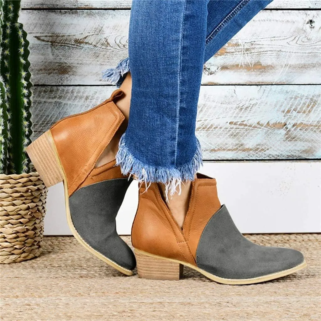 Gibobby Ankle Booties for Women V Cut,Chelsea Boots Slip on Ankle Boots Chunky Pointed Toe Cutout Low Heel Shoes