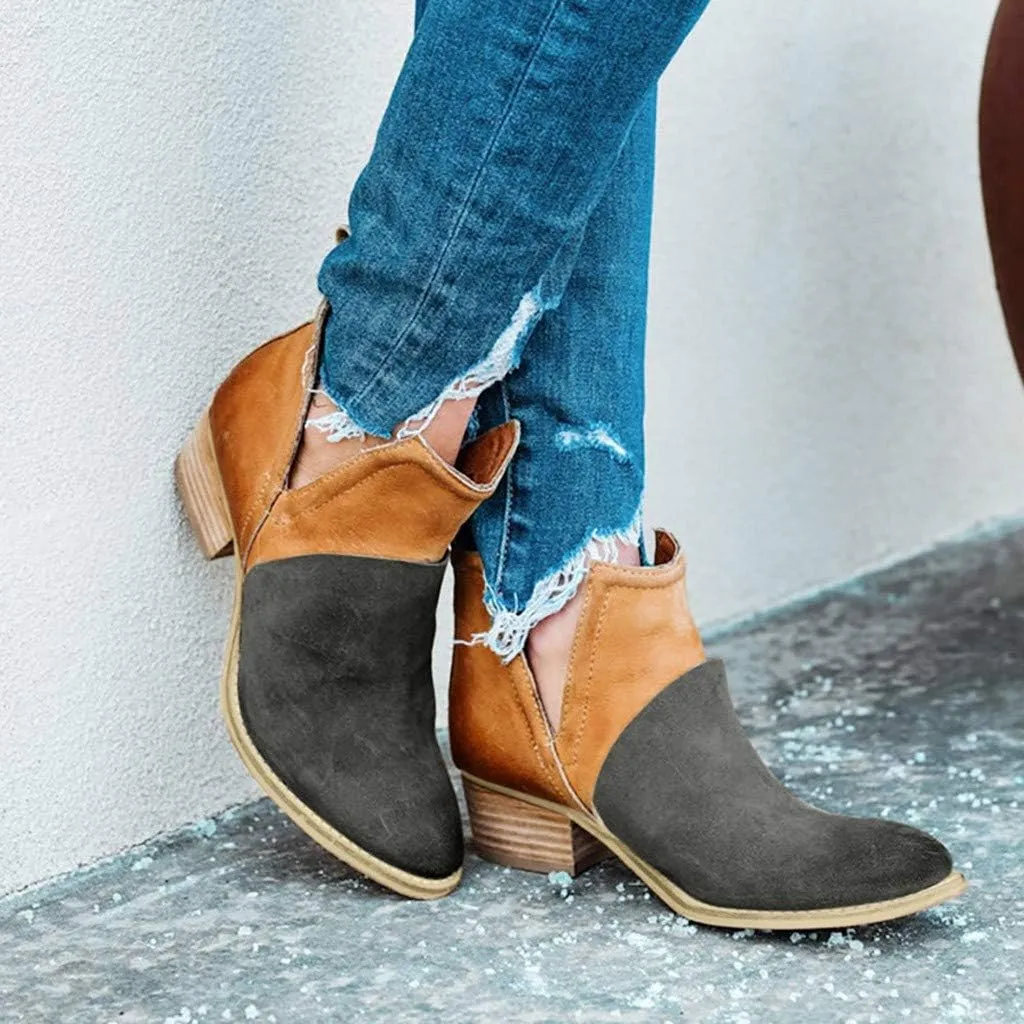 Gibobby Ankle Booties for Women V Cut,Chelsea Boots Slip on Ankle Boots Chunky Pointed Toe Cutout Low Heel Shoes