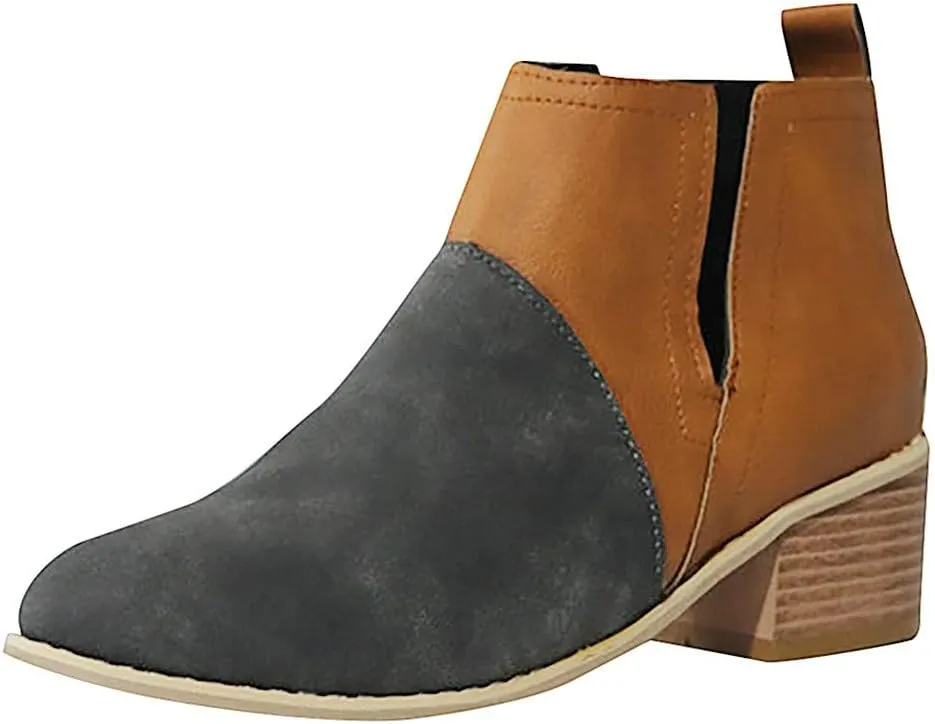 Gibobby Ankle Booties for Women V Cut,Chelsea Boots Slip on Ankle Boots Chunky Pointed Toe Cutout Low Heel Shoes