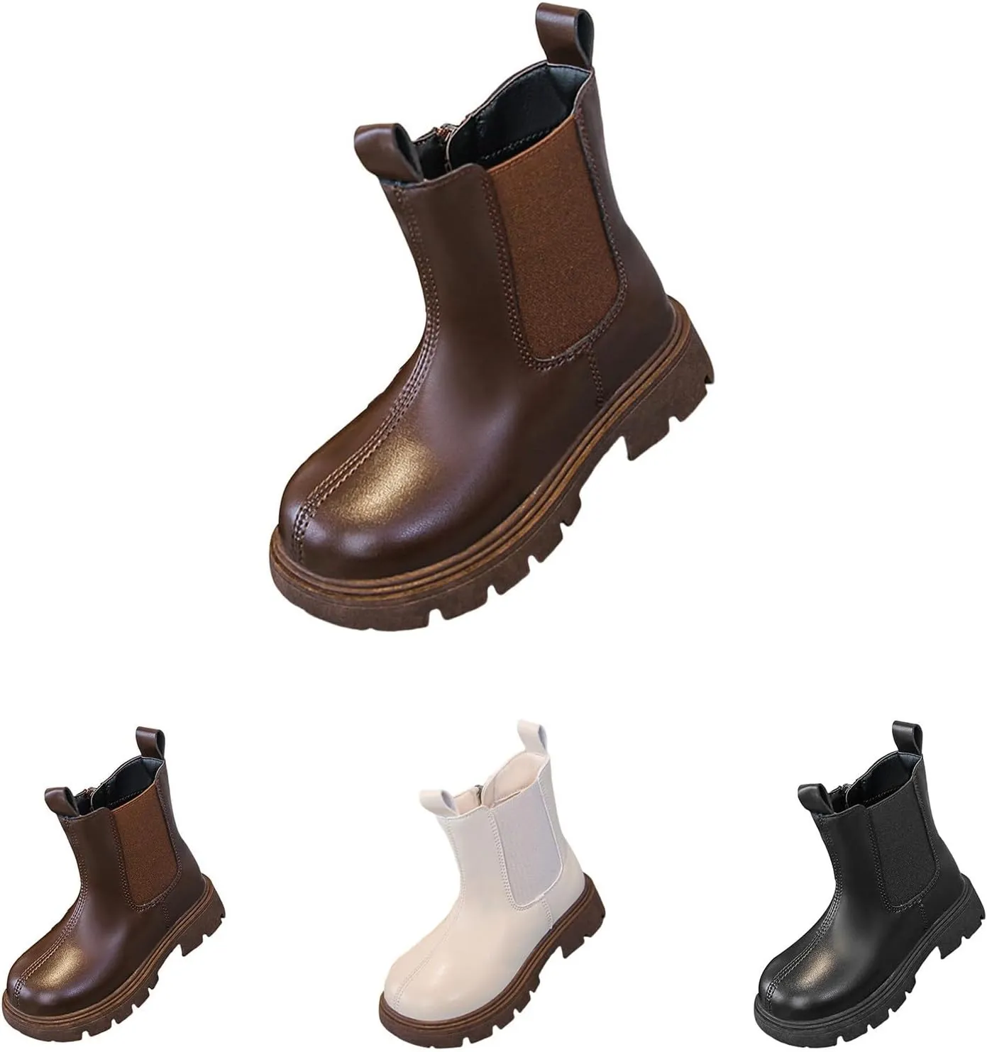 Girls Ankle Boots Slip on Lug Sole Booties Unisex Kids Comfortable Leather Low Heels Zipper Outdoor Dress Booties