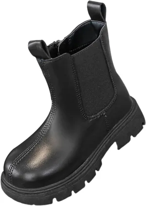 Girls Ankle Boots Slip on Lug Sole Booties Unisex Kids Comfortable Leather Low Heels Zipper Outdoor Dress Booties