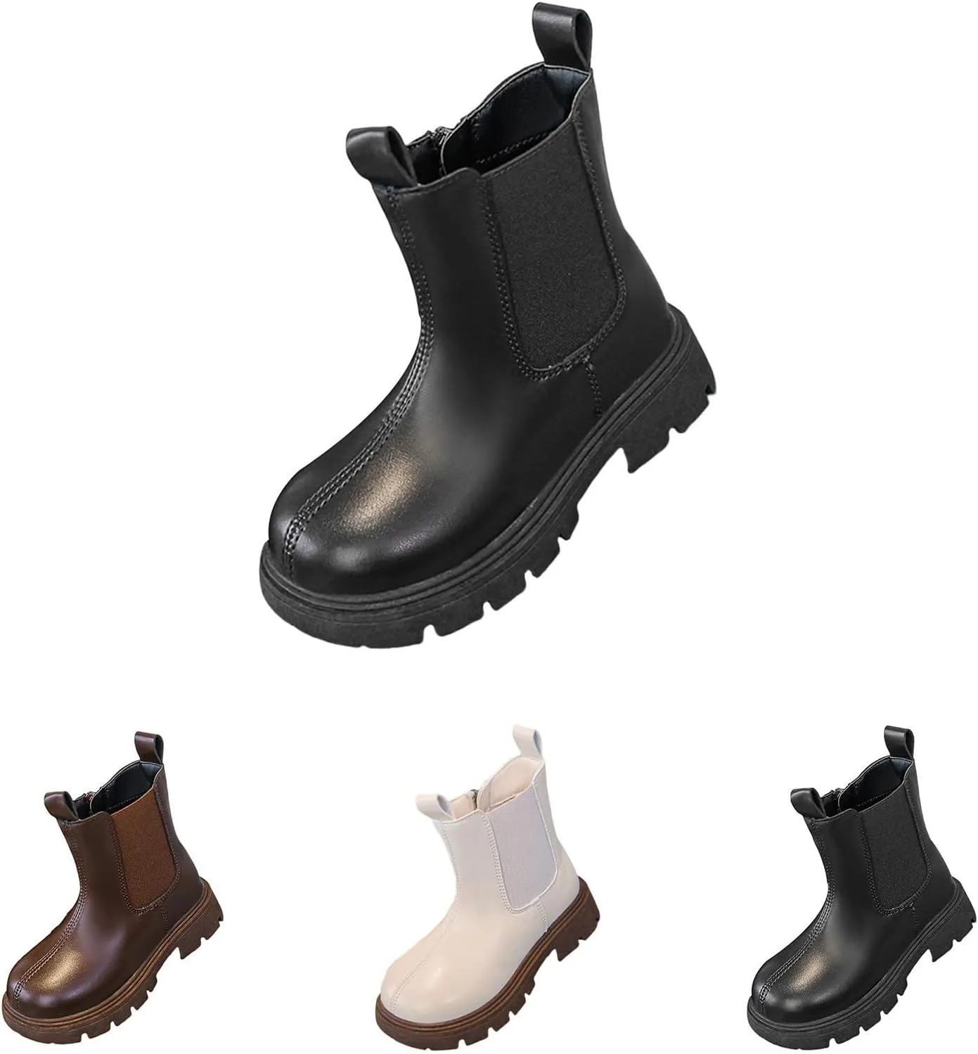 Girls Ankle Boots Slip on Lug Sole Booties Unisex Kids Comfortable Leather Low Heels Zipper Outdoor Dress Booties