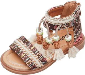 Girls Bohemian Open Toe Sandals with Tassel Beaded Vintage Open Toe Soft Sole Retro Roman Ethnic Style Beach Shoes