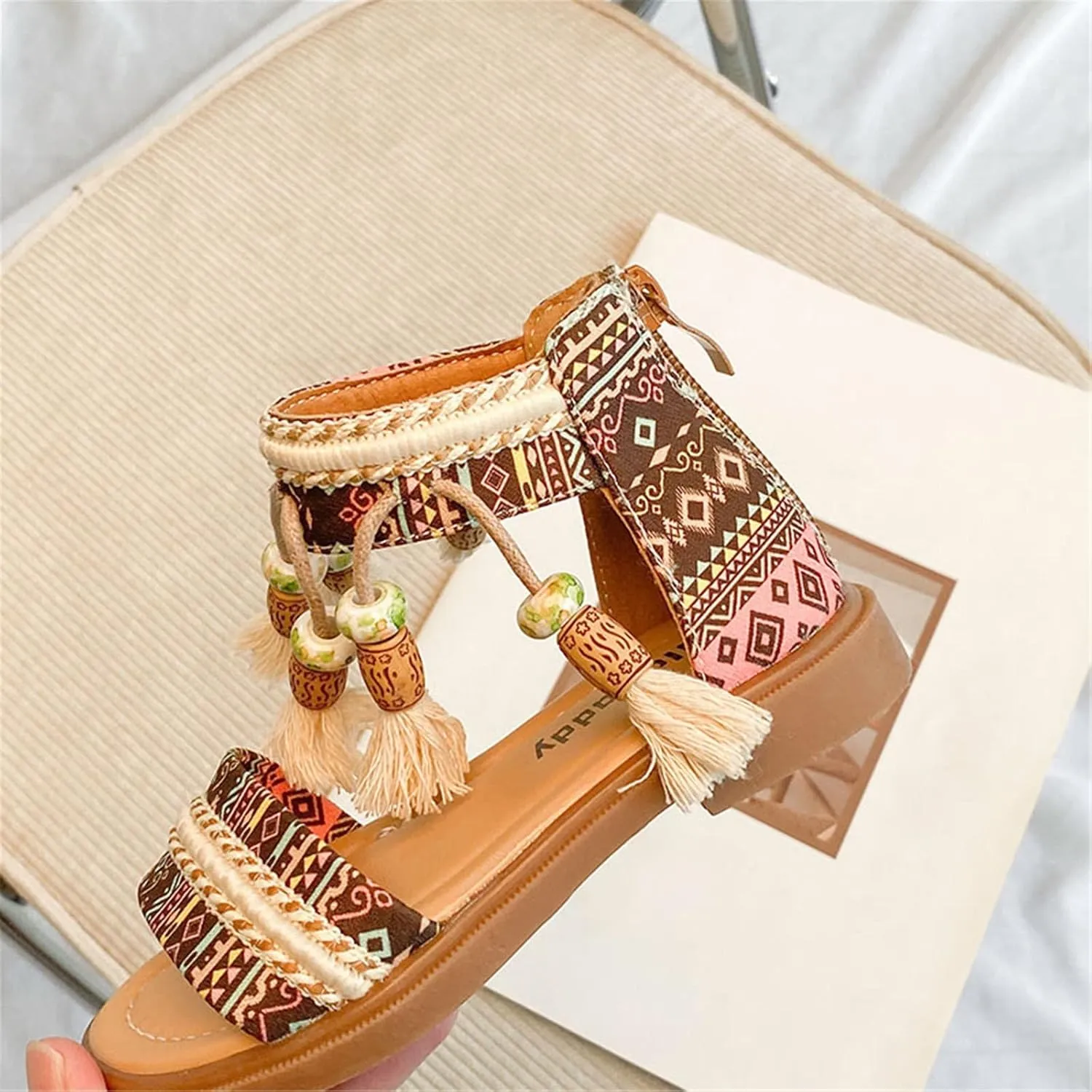Girls Bohemian Open Toe Sandals with Tassel Beaded Vintage Open Toe Soft Sole Retro Roman Ethnic Style Beach Shoes