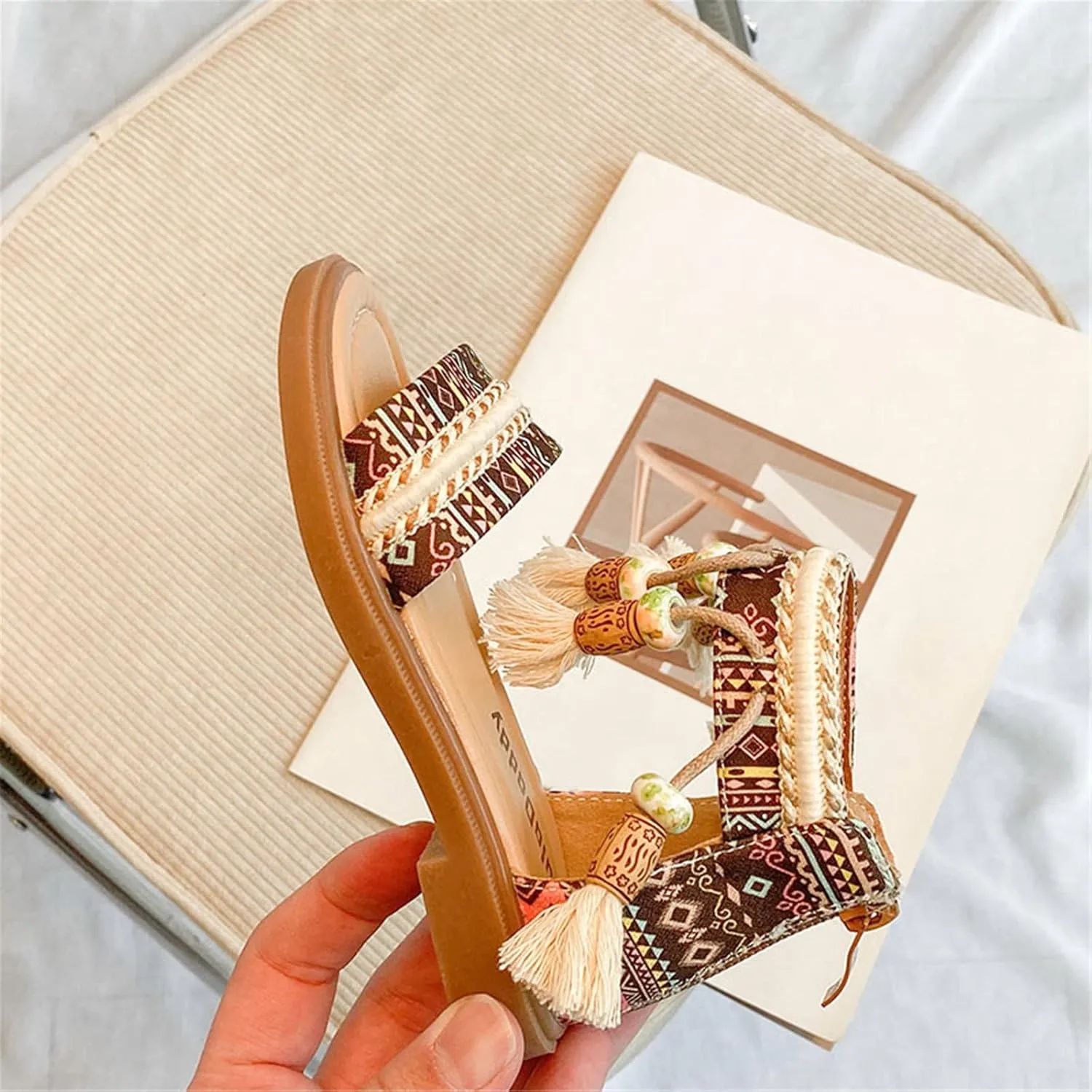 Girls Bohemian Open Toe Sandals with Tassel Beaded Vintage Open Toe Soft Sole Retro Roman Ethnic Style Beach Shoes