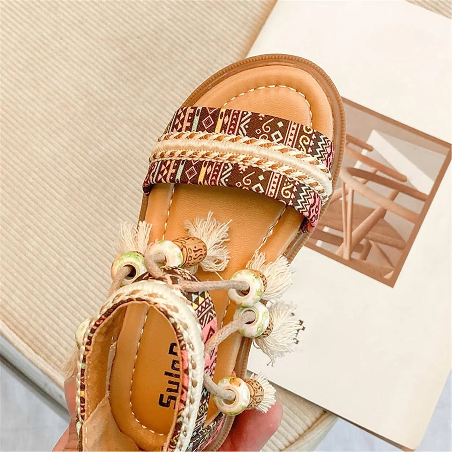Girls Bohemian Open Toe Sandals with Tassel Beaded Vintage Open Toe Soft Sole Retro Roman Ethnic Style Beach Shoes