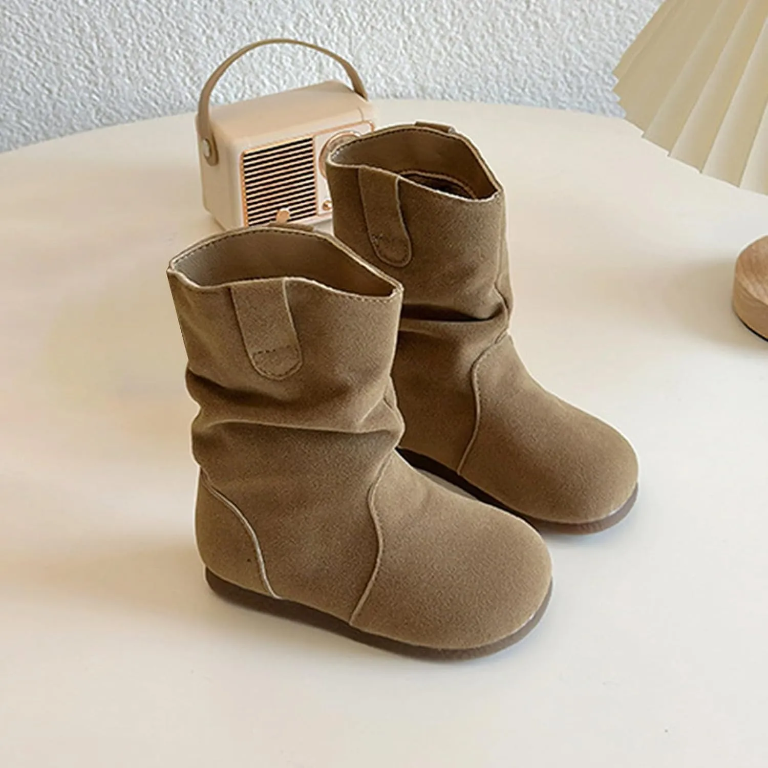 Girl's Kid's Faux Suede Two Buckle Flat Heel Mid Calf louchy Boot Shoes icro Suede Cozy Round Toe Low Heels Booties