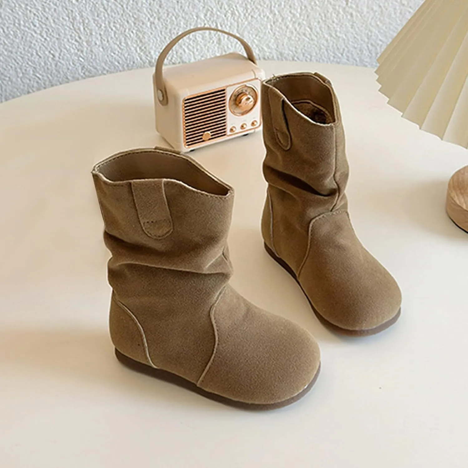 Girl's Kid's Faux Suede Two Buckle Flat Heel Mid Calf louchy Boot Shoes icro Suede Cozy Round Toe Low Heels Booties