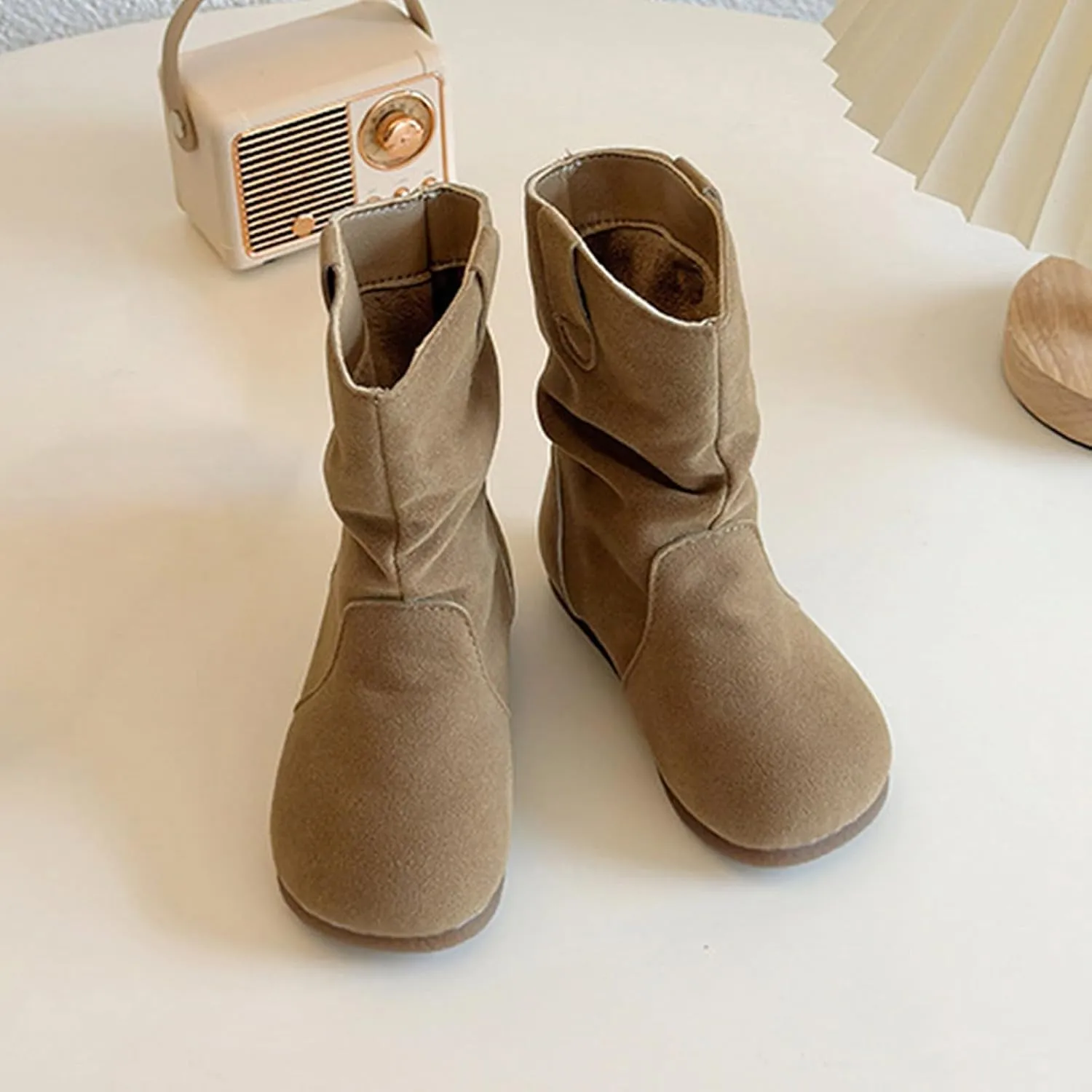 Girl's Kid's Faux Suede Two Buckle Flat Heel Mid Calf louchy Boot Shoes icro Suede Cozy Round Toe Low Heels Booties