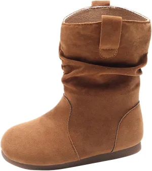 Girl's Kid's Faux Suede Two Buckle Flat Heel Mid Calf louchy Boot Shoes icro Suede Cozy Round Toe Low Heels Booties