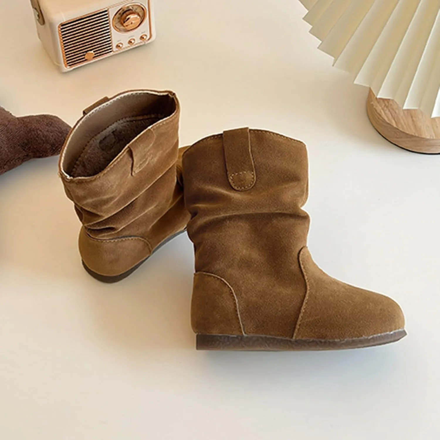 Girl's Kid's Faux Suede Two Buckle Flat Heel Mid Calf louchy Boot Shoes icro Suede Cozy Round Toe Low Heels Booties
