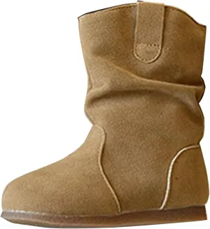 Girl's Kid's Faux Suede Two Buckle Flat Heel Mid Calf louchy Boot Shoes icro Suede Cozy Round Toe Low Heels Booties